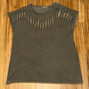 POL women’s small shirt top cut out slit detail Distressed grey green stretch